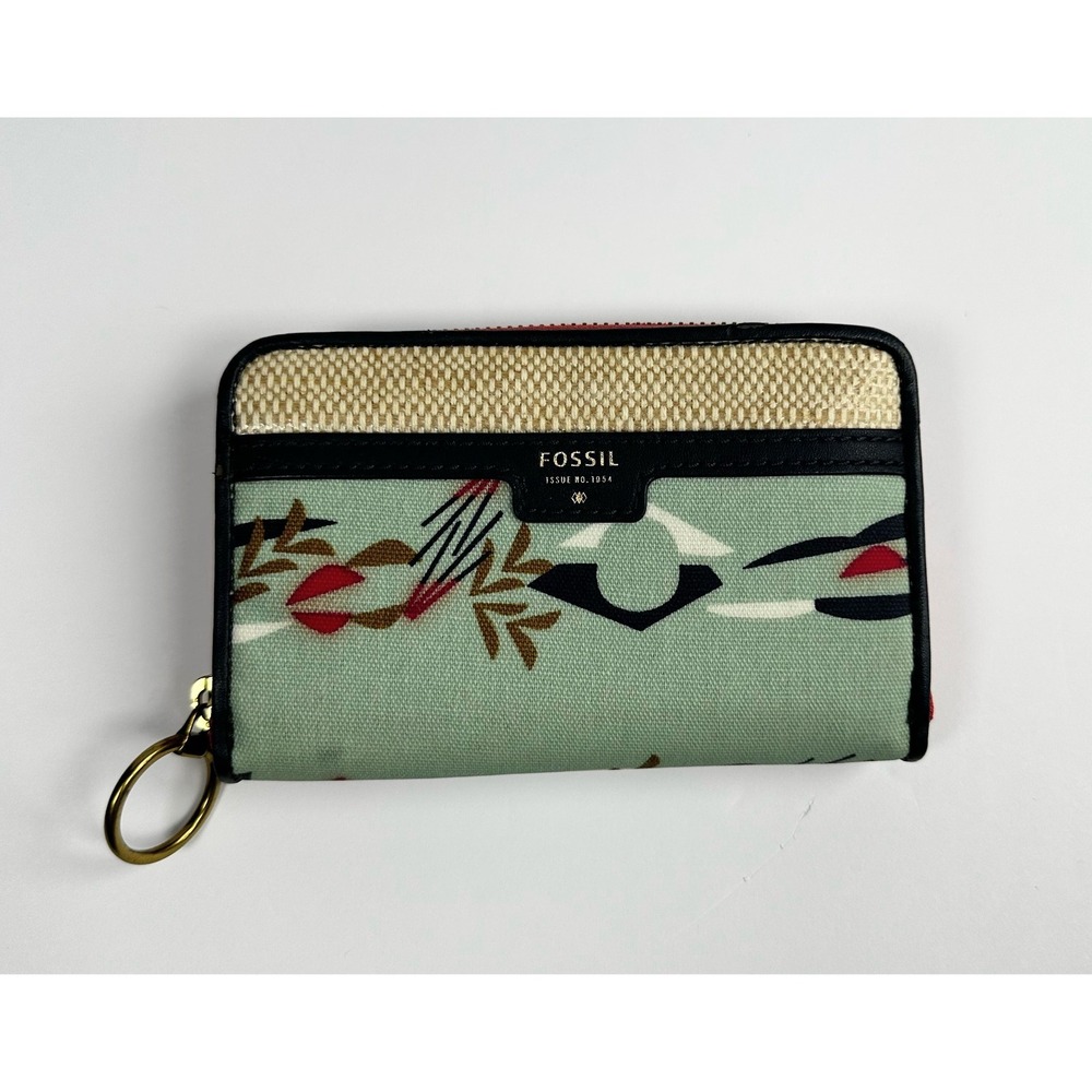 Fossil Sage Green Canvas Print Zip Around Wallet Straw Trim Red Zipper Boho